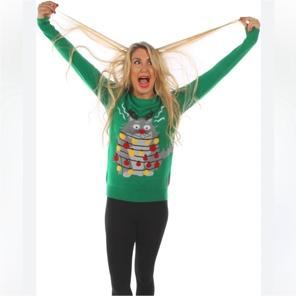 Tipsy Elves Electrocuted Cat Christmas Holiday Ugly Sweater Size XL - Picture 2 of 10